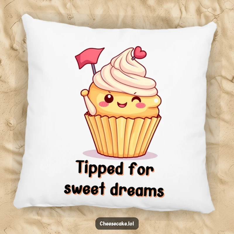 Funny delighted cupcake with frosting tipped, waving a tiny flag, a soft and humorous pillow designed for sweet comfort.