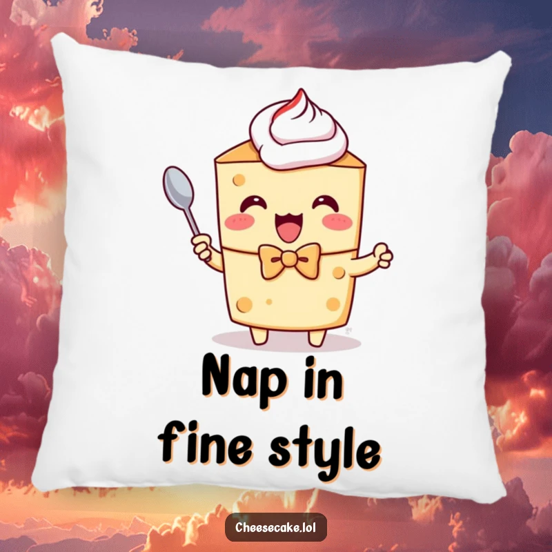 Funny decorative pillow of a cheesecake character in a bow tie, excitedly holding a tiny spoon.