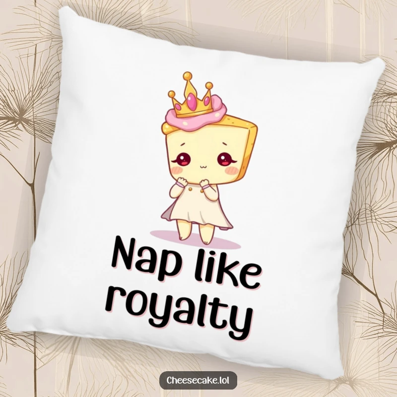Funny decorative pillow of a cheesecake character in a tiny crown, posing elegantly with sweet appeal.