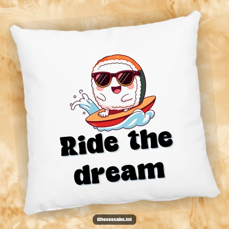 Funny sushi pillow featuring a joyful sushi slice in sunglasses, gracefully riding a wave.