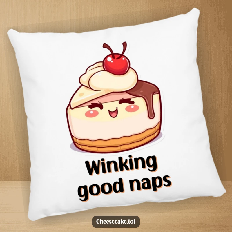 Funny cheesecake with a cherry on top giving a wink on a plush pillow, a delightful funny gift.