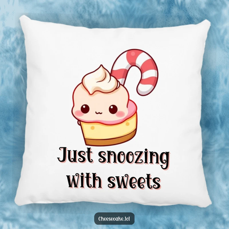 Funny Pillow: Cheesecake peeking from behind a giant candy cane, a soft and humorous decorative accent.