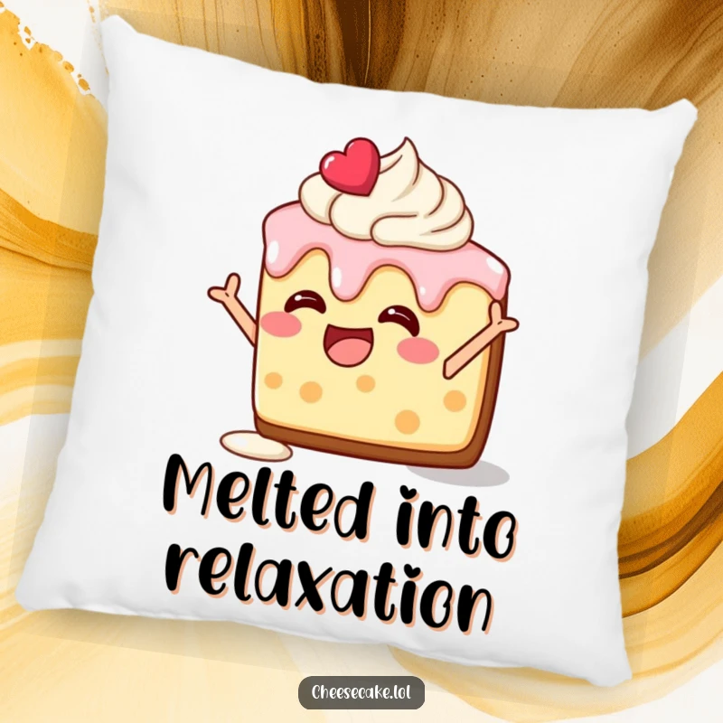 Funny pillow featuring a delighted cheesecake slice, frosting melting, striking a silly pose, perfect for cozy decor.