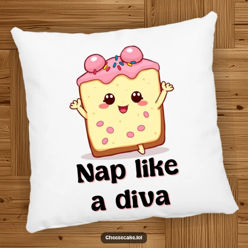Funny cheesecake slice pillow design, charming and sprinkled, striking a dramatic pose, a soft and glamorous companion.
