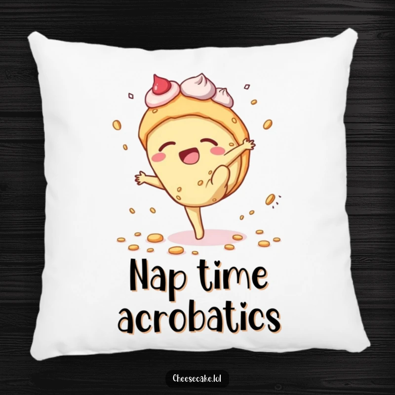 Funny cheesecake pillow featuring a dessert character mid-cartwheel, scattering crumbs, offering a humorous and cozy decorative accent.