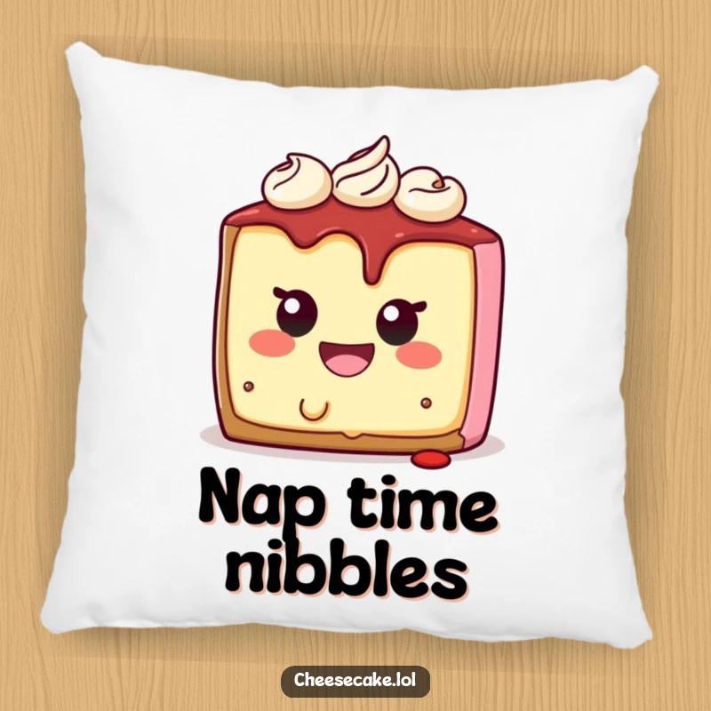 Funny cheesecake pillow featuring a smiling character biting itself, offering humorous comfort and a touch of dessert delight.