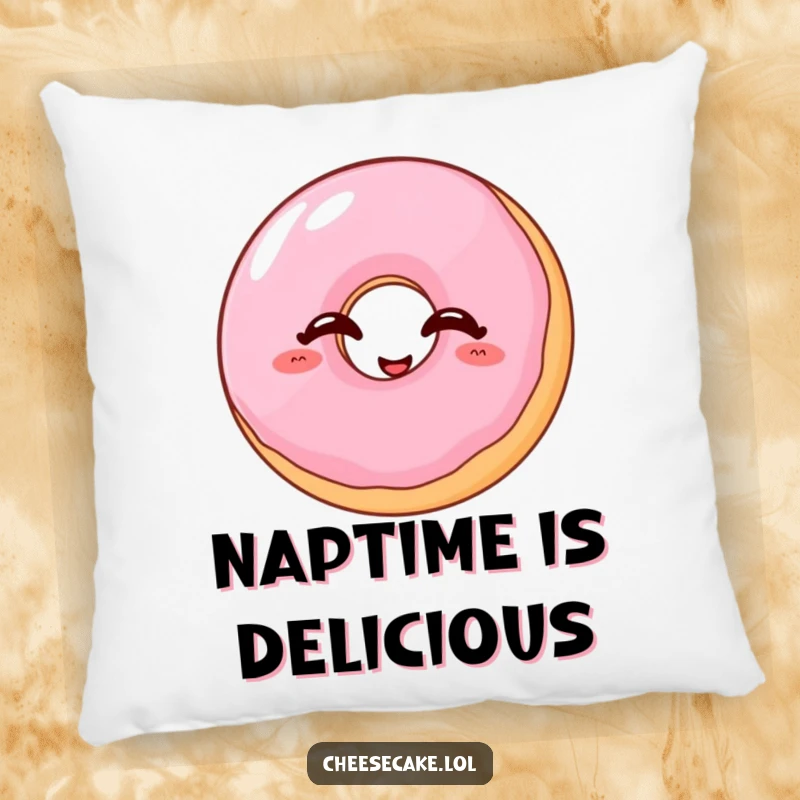 Funny donut pillow featuring a wobbly jelly donut with closed eyes, radiating uncontrollable laughter and joy.