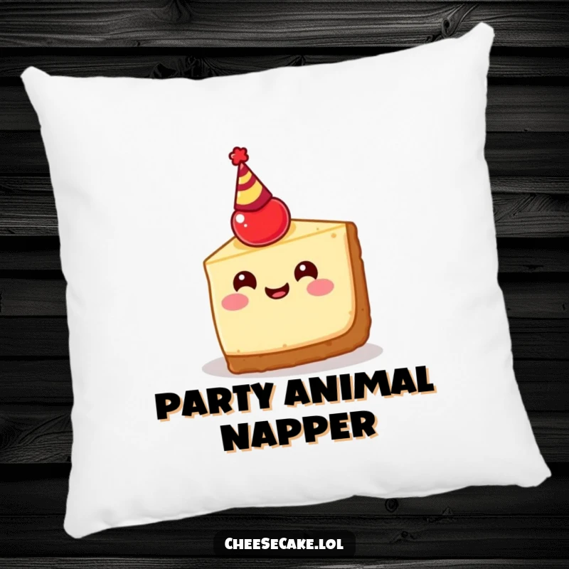 Funny cheesecake slice pillow design, featuring a happy dessert with a cherry party hat, offering cozy comfort and festive charm.