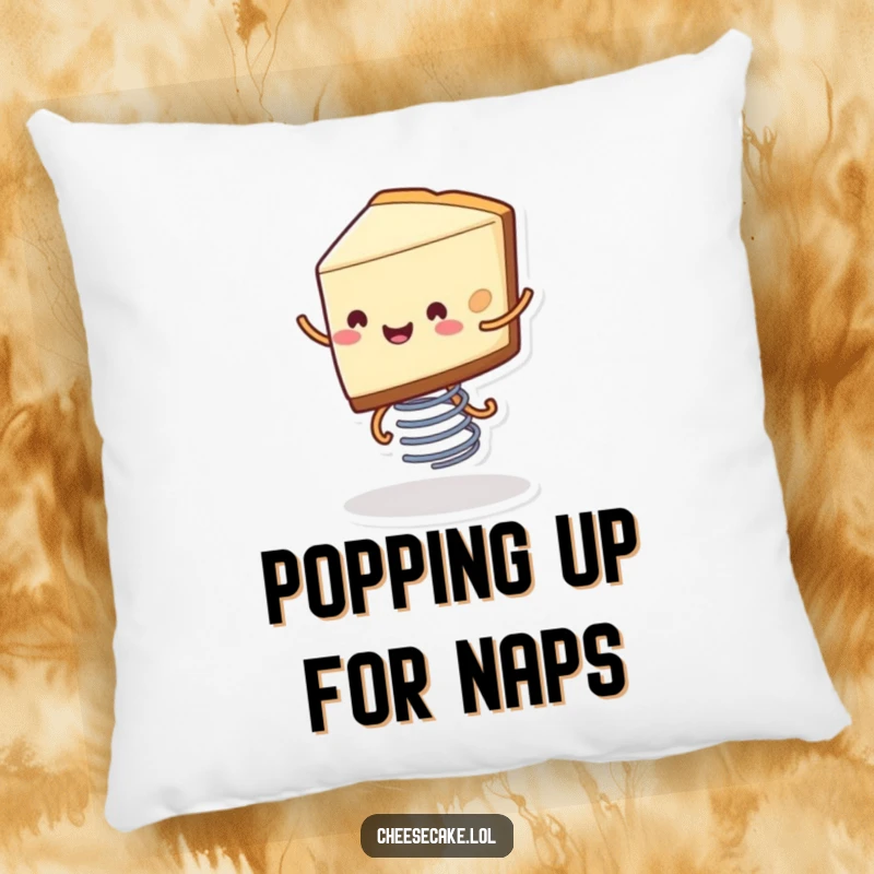 Funny pillow featuring a smiling slice of cheesecake with tiny legs bouncing on a spring, adding a touch of sweet, playful comfort.