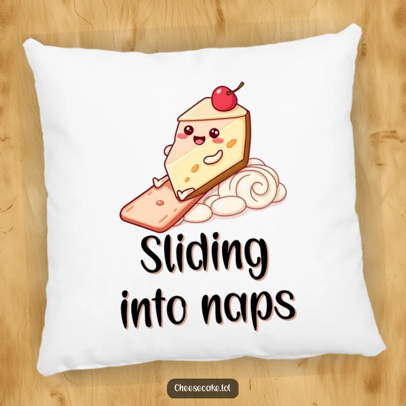 Funny Pillow featuring a happy cheesecake character with legs sliding down a frosting slide, designed for comfort and pure joy.