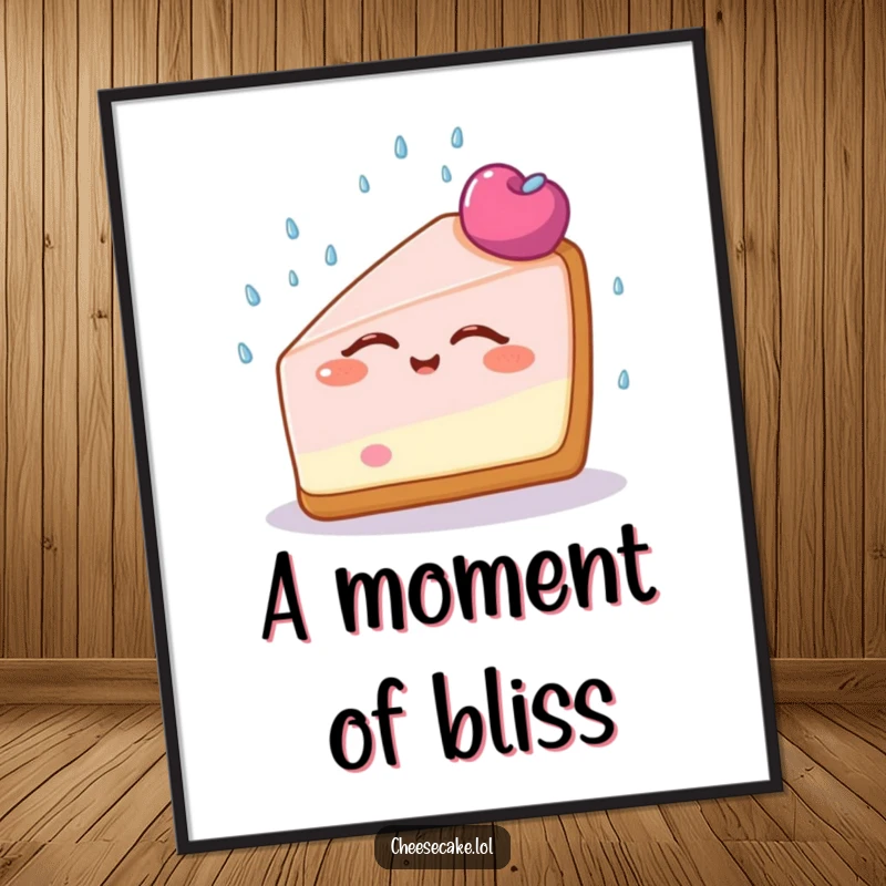 Funny Cheesecake Bliss Digital Art Print of a cheesecake slice with eyes closed, enjoying sprinkles, adding serene humor to digital displays.