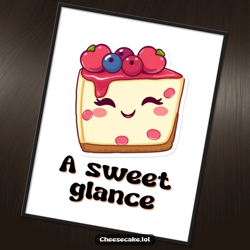 Funny digital art print of a winking cheesecake slice with berries, capturing sweet charm for instant download and display.