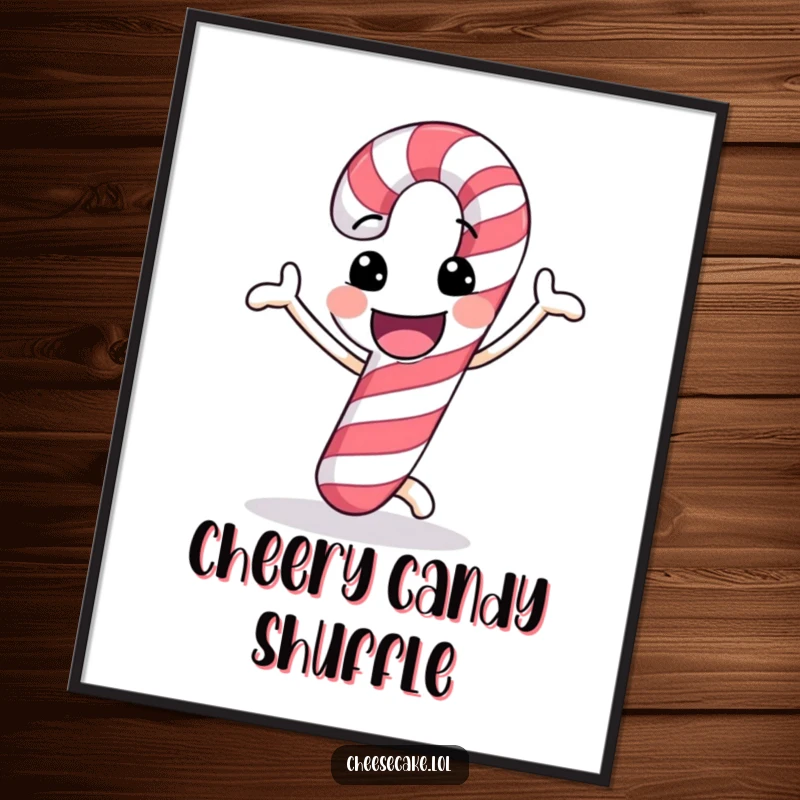 Funny digital art print of a candy cane with a cheerful grin doing a funny dance, radiating holiday joy.