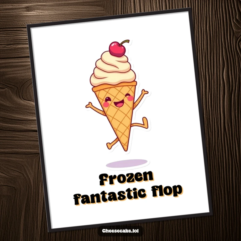 Funny digital art print of a smiling ice cream cone doing a cartwheel, radiating pure sweetness and fun.
