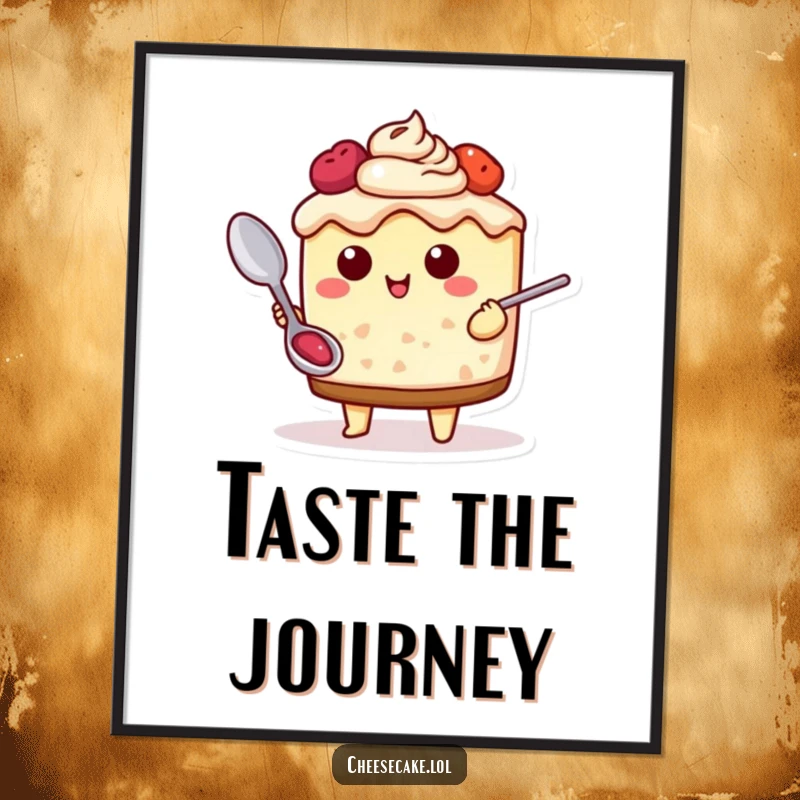 Funny Cheesecake Adventure Digital Art Print of a cheesecake character with a spoon, ready for a delicious journey, adding foodie humor to displays.