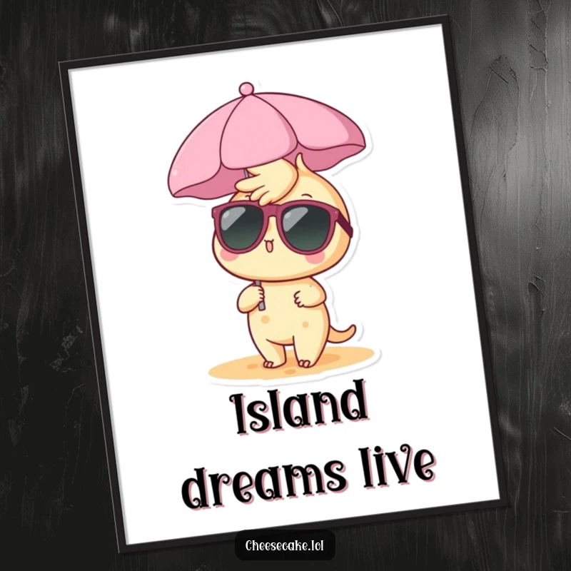 Funny cheesecake digital art print of a cheesecake character in sunglasses under a mini beach umbrella, perfect for framing.