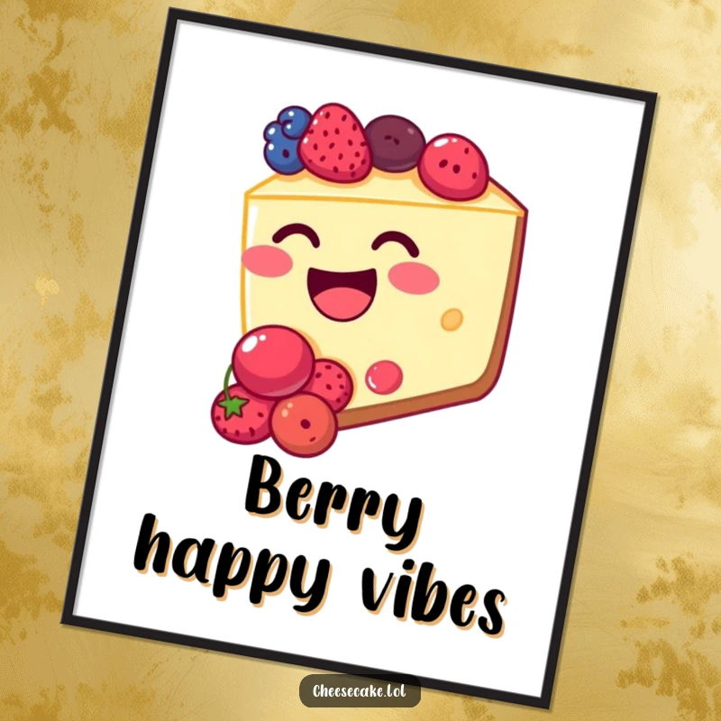 Funny cheesecake digital art print featuring a giggling cheesecake slice with a berry-filled mouth. Instant download.