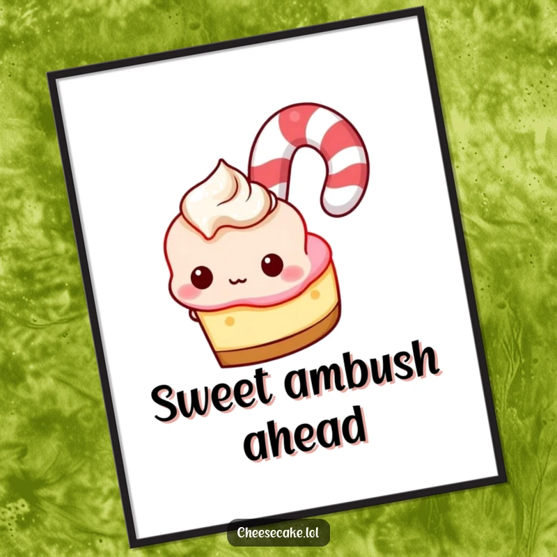 Funny Digital Art: Cheesecake peeking from behind a giant candy cane, a whimsical and sweet illustration.