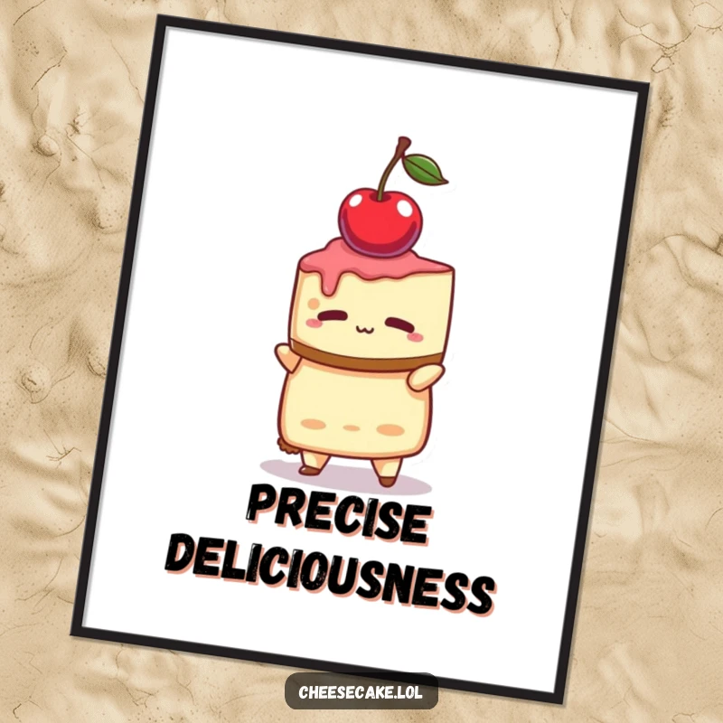 Funny digital art print of a cheesecake character with intense focus, balancing a solitary cherry on its head.