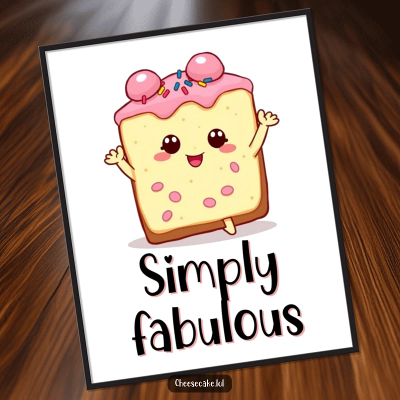 Funny cheesecake slice digital art, charming and sprinkled, striking a dramatic pose, a theatrical and humorous printable artwork.