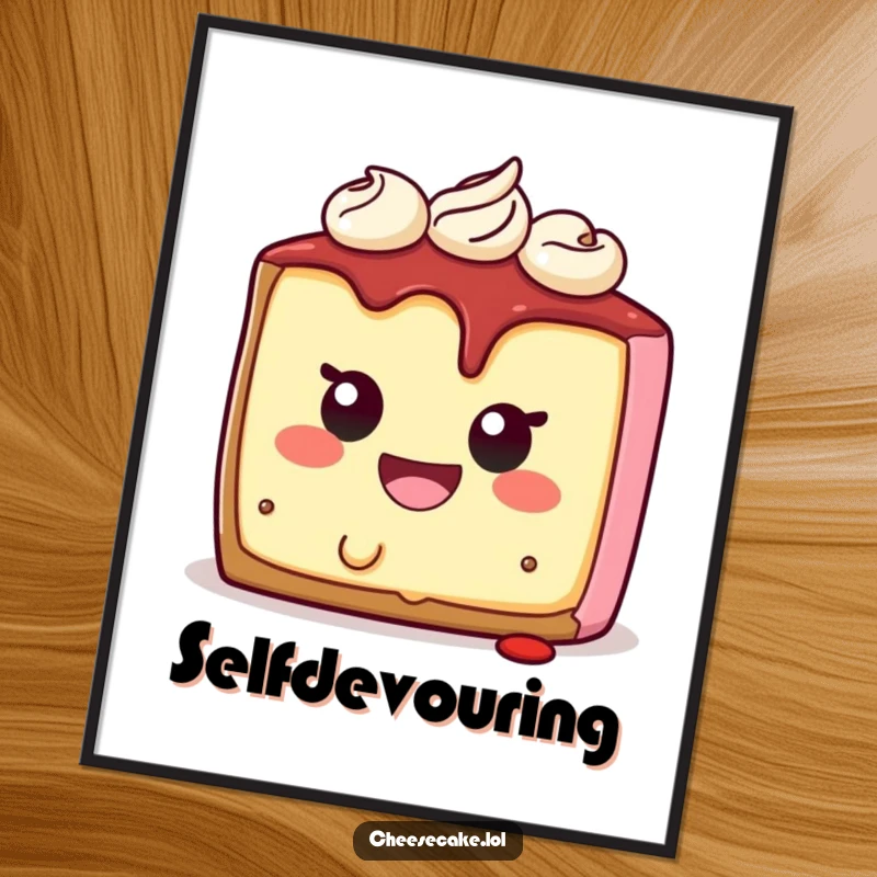 Funny cheesecake character digital art print, smiling while biting itself, offering humorous and unique wall decor.