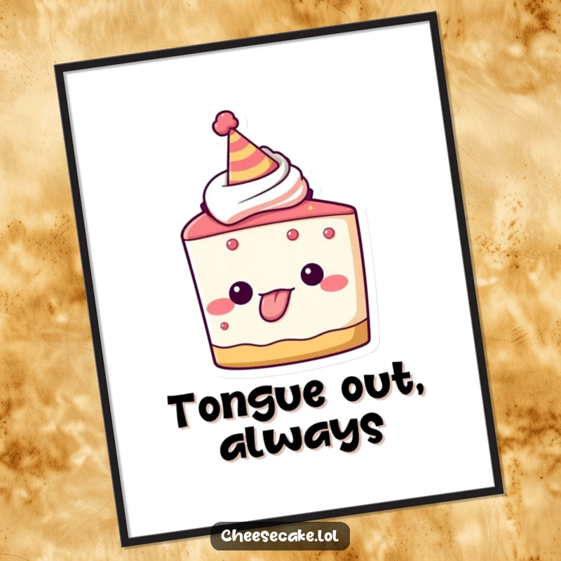Funny digital art print of a cheesecake character in a party hat, sticking its tongue out playfully, capturing cheeky fun for download.