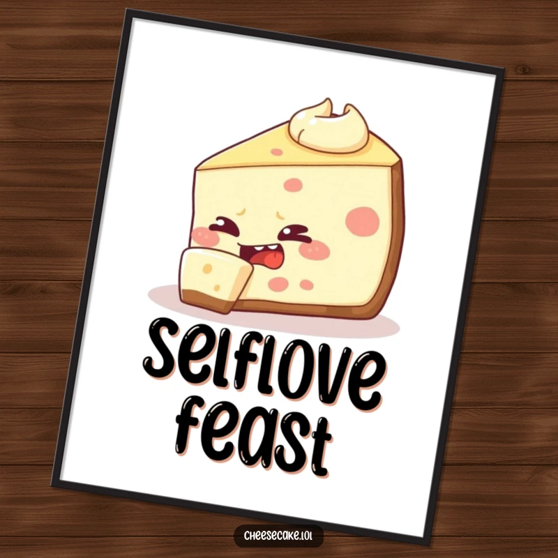 Funny cheesecake slice digital art, showing a mischievous dessert attempting to eat its own edge, a humorous and printable artwork.