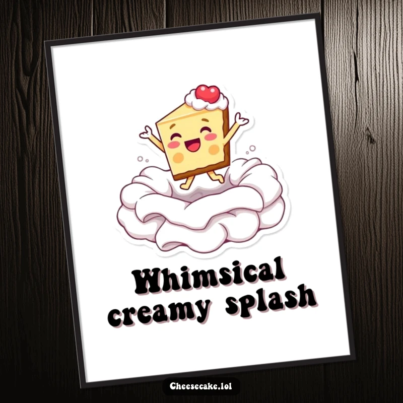 Funny digital art print of a cheesecake slice gleefully diving into a large, inviting pool of whipped cream.