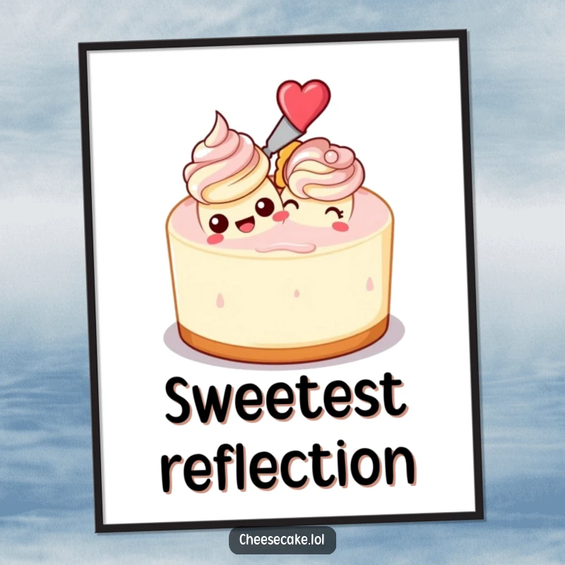 Funny digital art of a cheesecake enthusiastically frosting another cheesecake, perfect for humorous and charming kitchen or dining room decor.