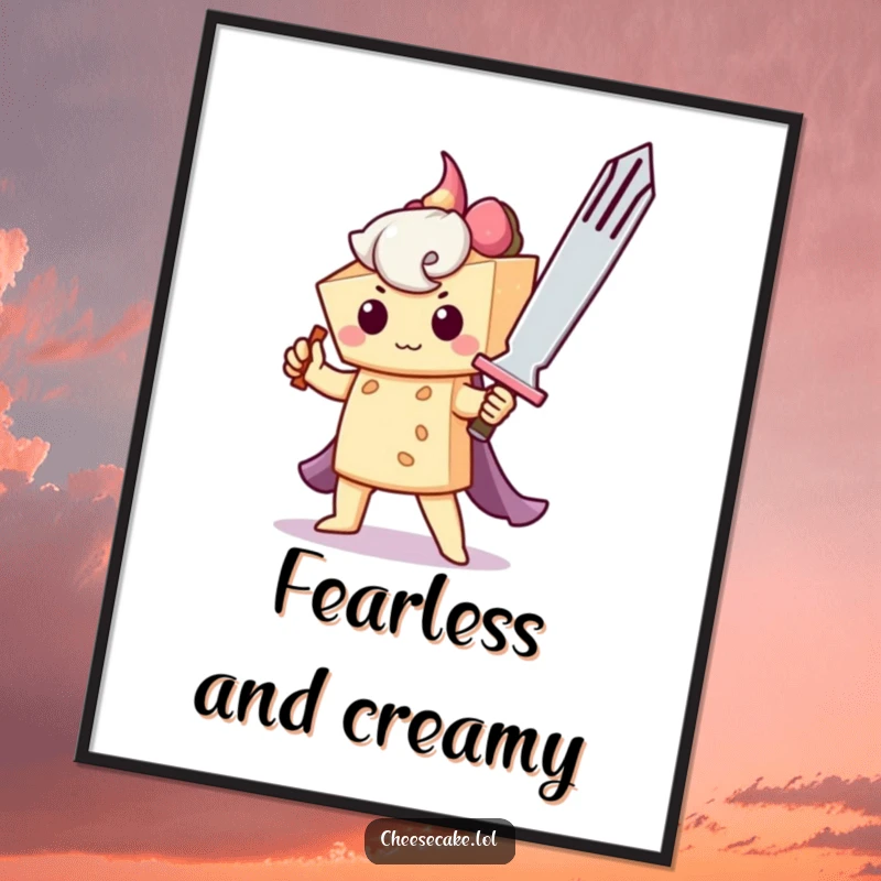 Funny digital art of a brave cheesecake wielding a giant fork like a sword, perfect for humorous and heroic wall decor.