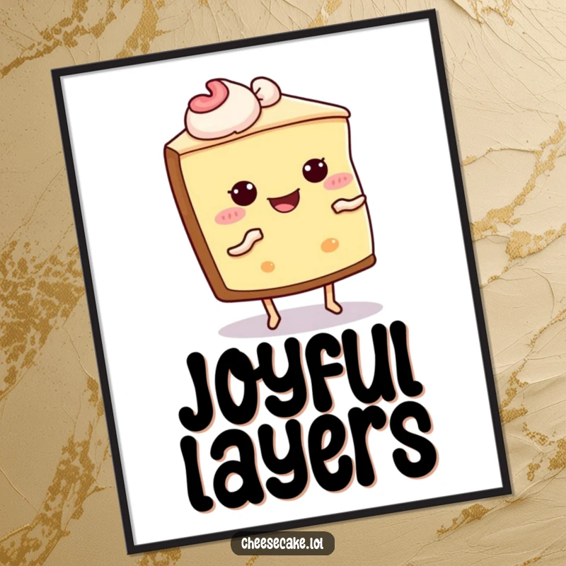 Funny Cheesecake Shimmy Digital Art: A vibrant illustration of a cheesecake slice with legs doing a happy shimmy dance.