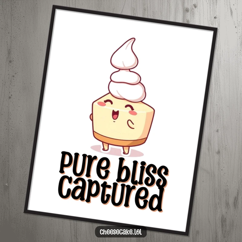 Funny cheesecake digital art print capturing a cheesecake character overjoyed by falling whipped cream, perfect for framing and display.