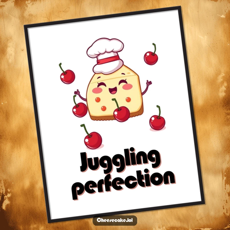 Funny digital art print of a cheesecake slice in a chef hat juggling cherries, capturing culinary fun for instant download.