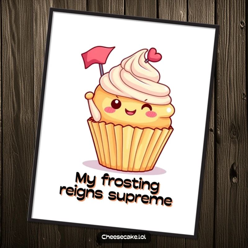 Funny delighted cupcake with frosting tipped, waving a tiny flag, a downloadable digital art print for humor and dessert fans.