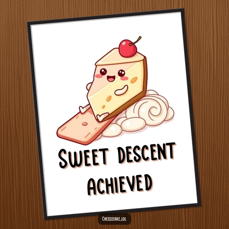 Funny Digital Art Print of a happy cheesecake character with legs joyfully sliding down a frosting slide, perfect for instant decor.