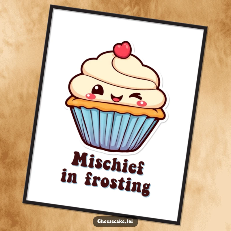 Funny Digital Art Print of a smiling cupcake character giving a mischievous wink, perfect for adding instant playful decor.