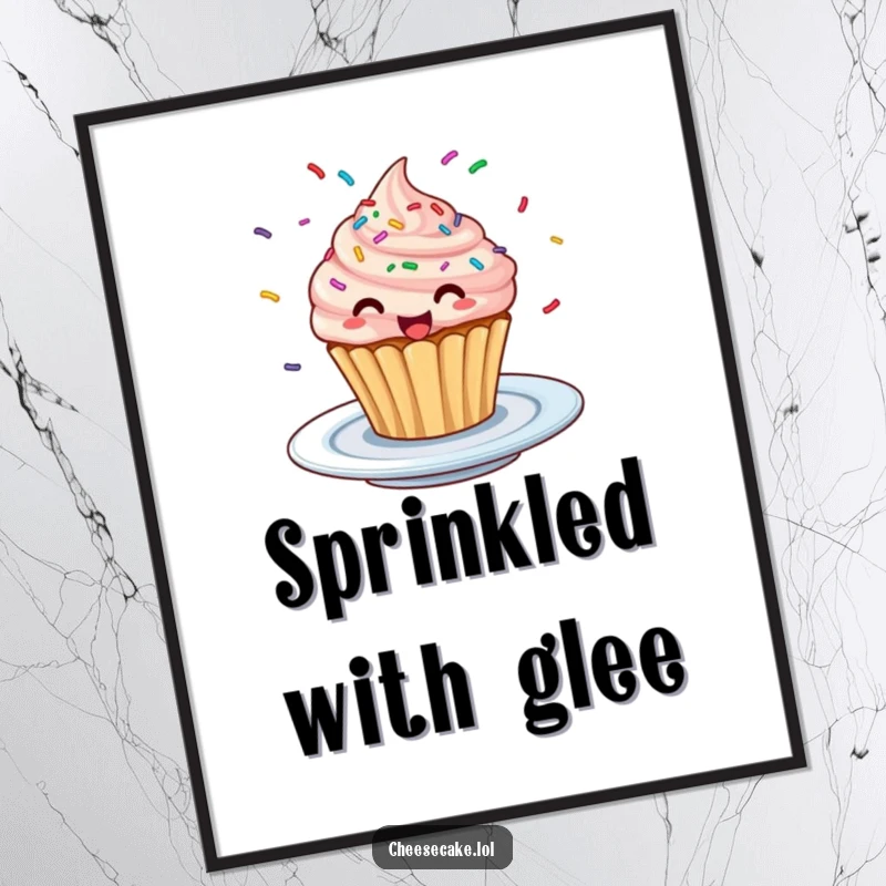 Funny Excited Cupcake Digital Art: A vibrant illustration of a cupcake with sprinkles spinning excitedly on a plate.