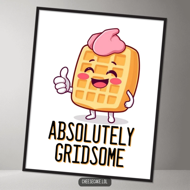 Funny Grinning Waffle Digital Art Print: A downloadable image of a grinning waffle character giving a enthusiastic thumbs up.