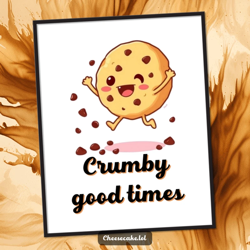 Funny digital art print of a cheerful cookie jumping with chocolate chips scattering, perfect for sweet, humorous decor and gifts.