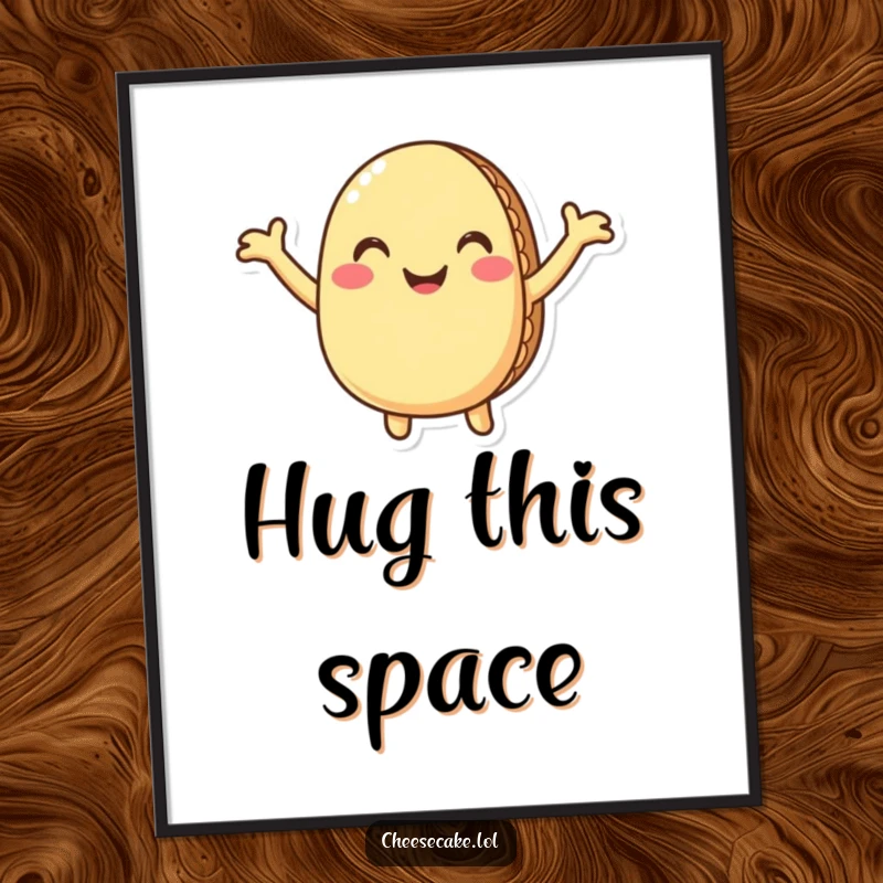 Funny macaron digital art print of a smiling macaron with arms wide open, inviting readers into a humorous and sweet hug.