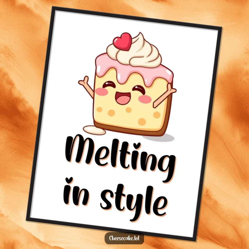 Funny digital art print of a delighted cheesecake slice, frosting melting, striking a silly pose, bringing humor to decor.