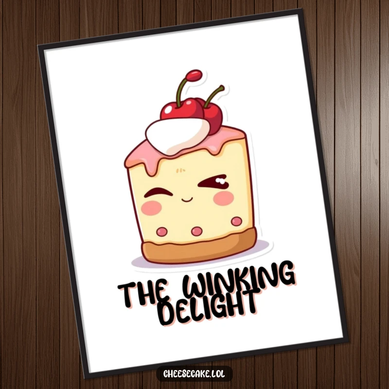 Funny digital art print of a cheesecake character with a cherry on top, winking slyly with charm.