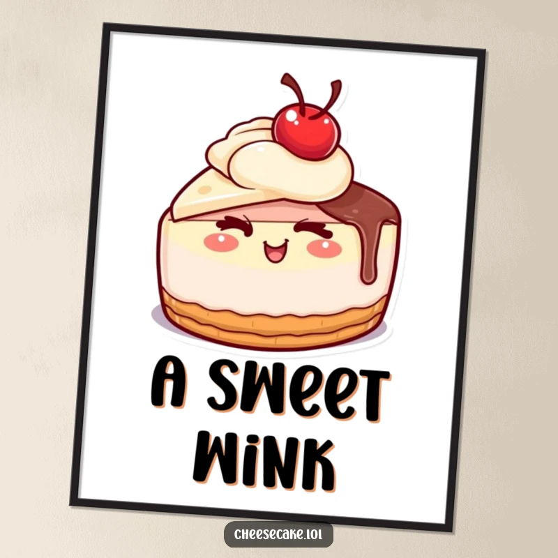 Funny cheesecake with a cherry on top giving a wink, digital art print, perfect for a funny gift.