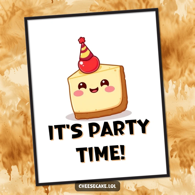 Funny cheesecake slice digital art, showing a happy dessert wearing a cherry party hat, radiating festive and celebratory vibes, printable art.