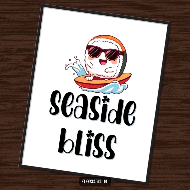 Funny sushi digital art print of a happy sushi character in sunglasses, riding a cool wave.