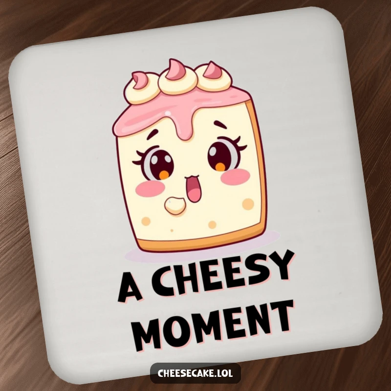 Funny cheesecake coaster featuring a surprised dessert character with a bite mark, protecting tables with humor.