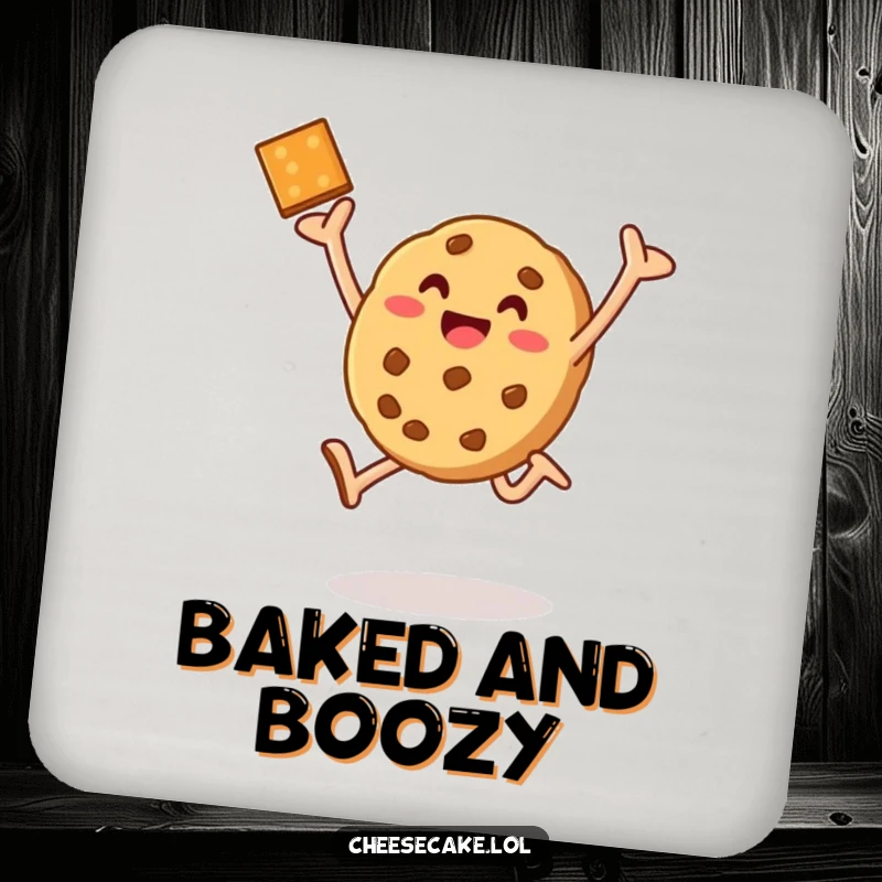 Funny cookie leap coaster, celebrating baking triumphs and protecting surfaces with a humorous design.