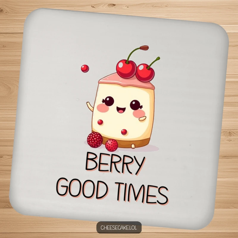 Funny cheesecake wearing a cherry tiara, juggling berries on a drink coaster, a cute funny gift.
