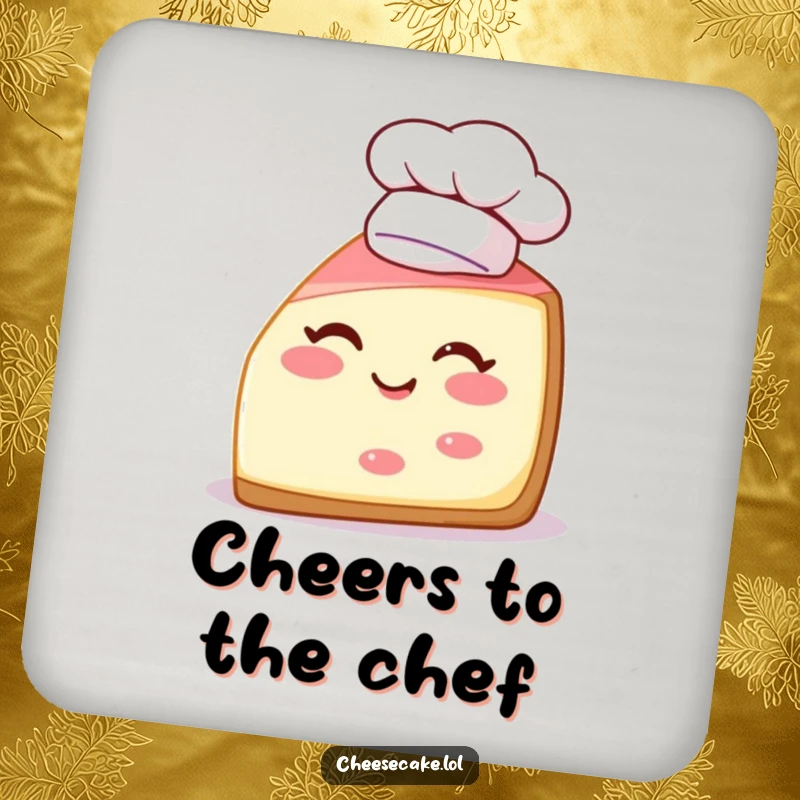 Funny drink coaster featuring a winking cheesecake slice with a chef hat, protecting tables with sweet humor.