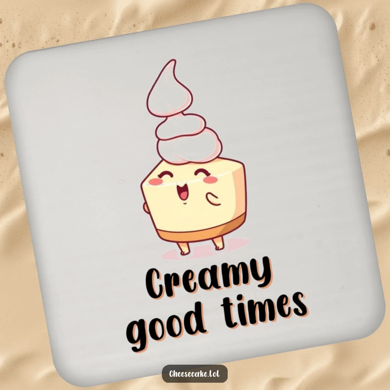 Funny cheesecake drink coaster featuring an excited cheesecake character receiving whipped cream, a sweet and humorous addition to any drink.
